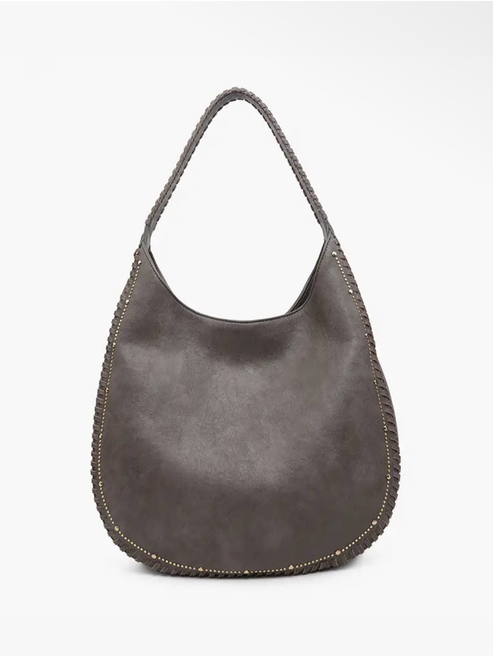 NWT Charcoal Gray Studded Trim Whipstitch Hobo Shoulder Bag in Faux Leather NEW!